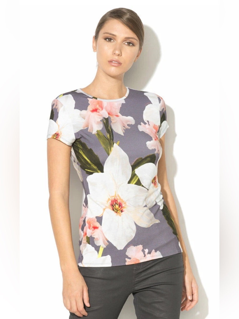 Ted Baker Gray Floral Crewneck Tee with White & Pink Blooms